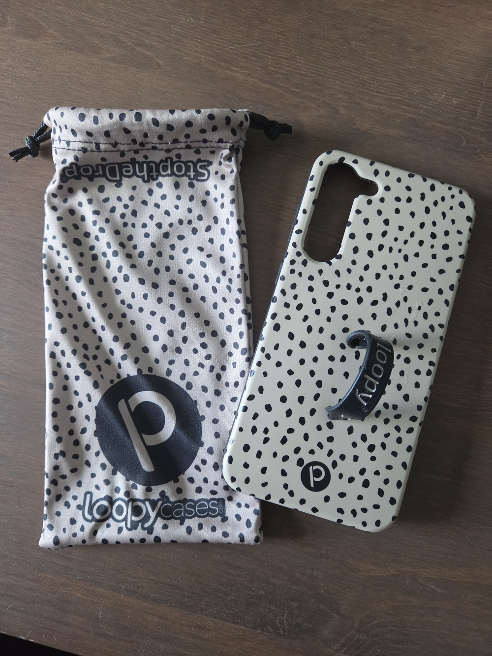 S23+ Loopy Case White with Black Dot Pattern Phone Case with Loop Grip